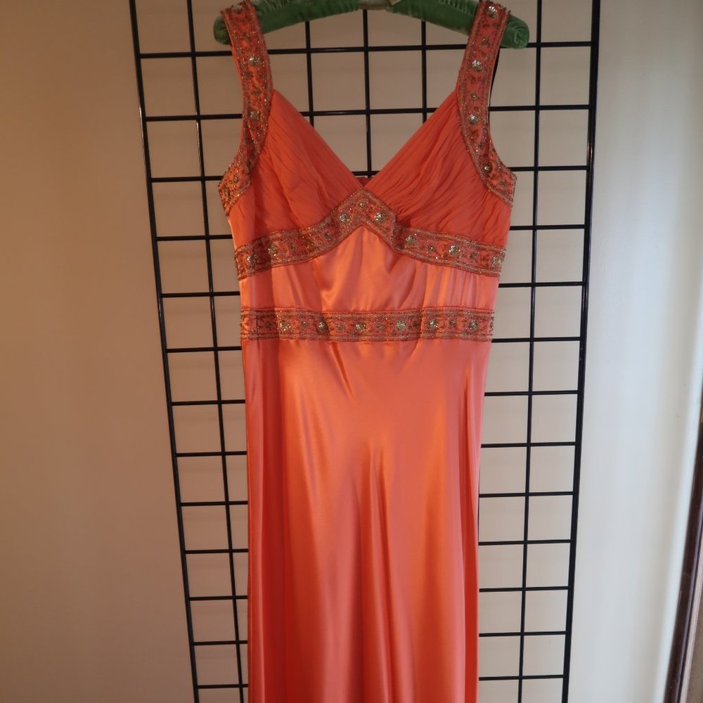 Dusk Collection Color: Peach w/ Gold Sequins Silk Prom Gown - Never Worn